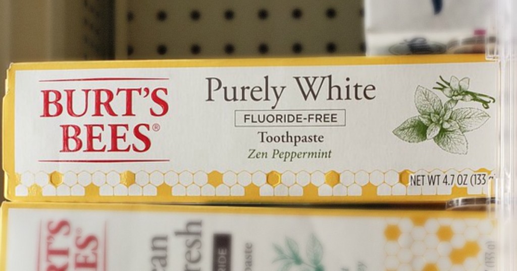 package of Burt's Bees toothpaste on store shelf