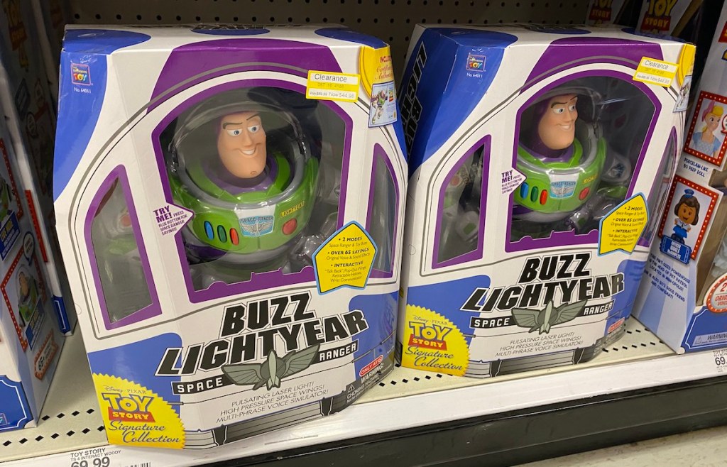 Buzz Lightyear toys on shelf at Target