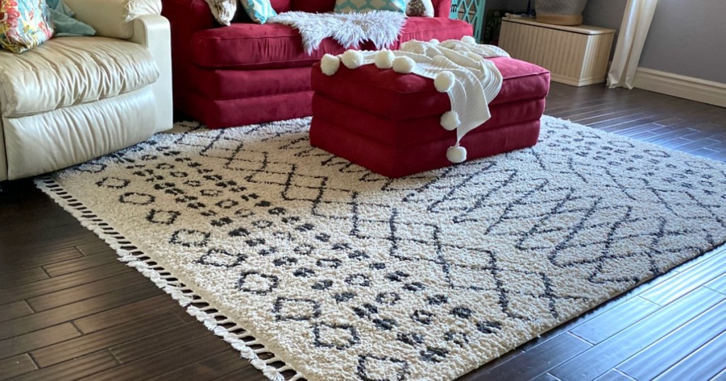 Geometric Cream Area Rug on living room floor
