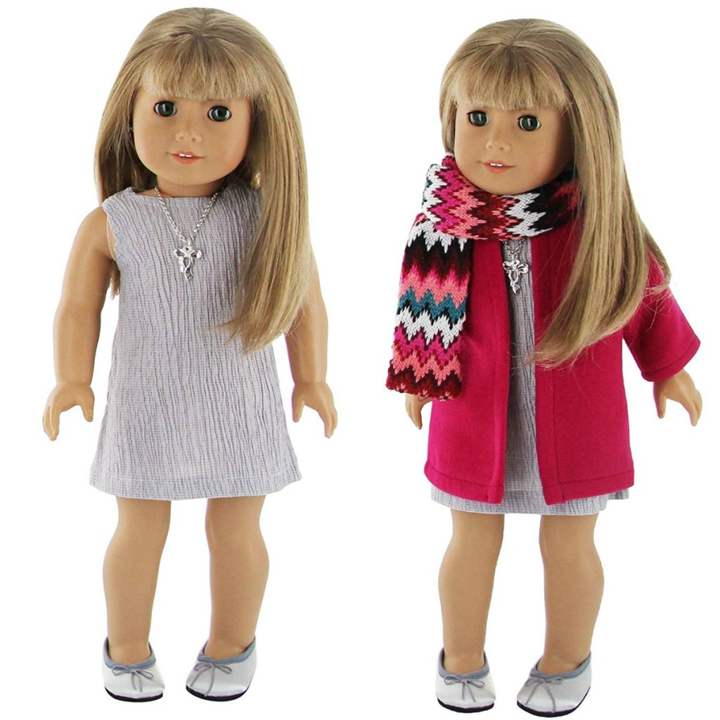 Two dolls wearing PZAS brand doll clothing winter outfits from Amazon
