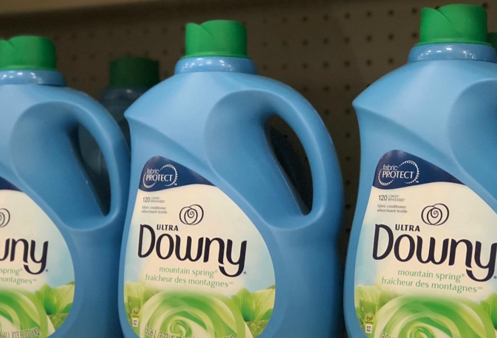 Downy Mountain Springs fabric softener on shelf at Walgreens