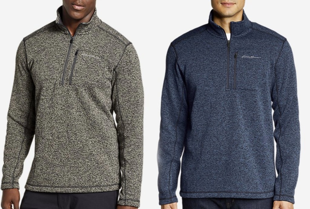 Two men wearing Eddie Bauer brand fleece zip pullovers