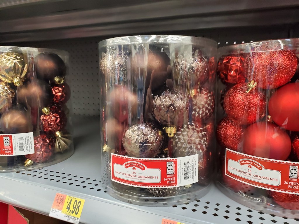 Holiday Time Ornaments on shelf at Walmart