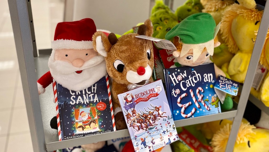How to Catch a Santa and Elf Books with plush on shelf