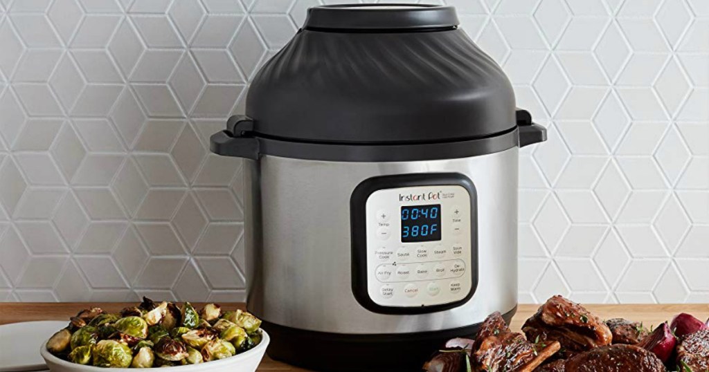 Instant Pot Air Fryer in kitchen with white tile and ribs