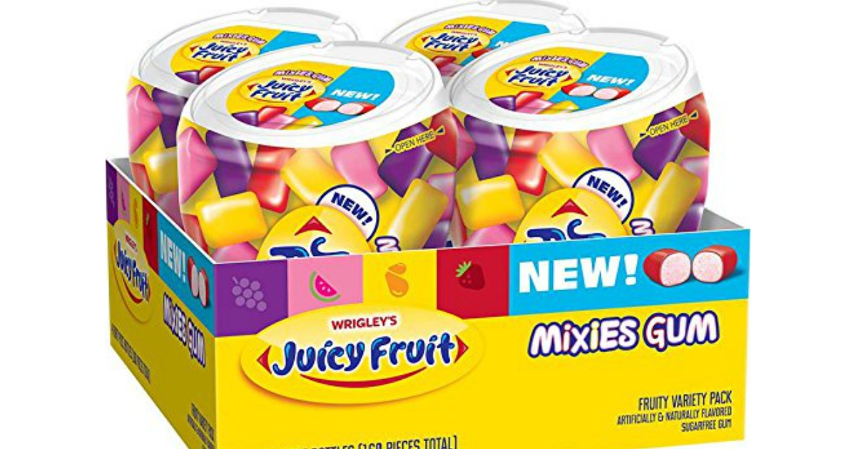 four bottles of Juicy Fruit Mixies in a box.