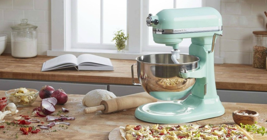 mint green KitchenAid Professional stand mixer surrounded by ingredients