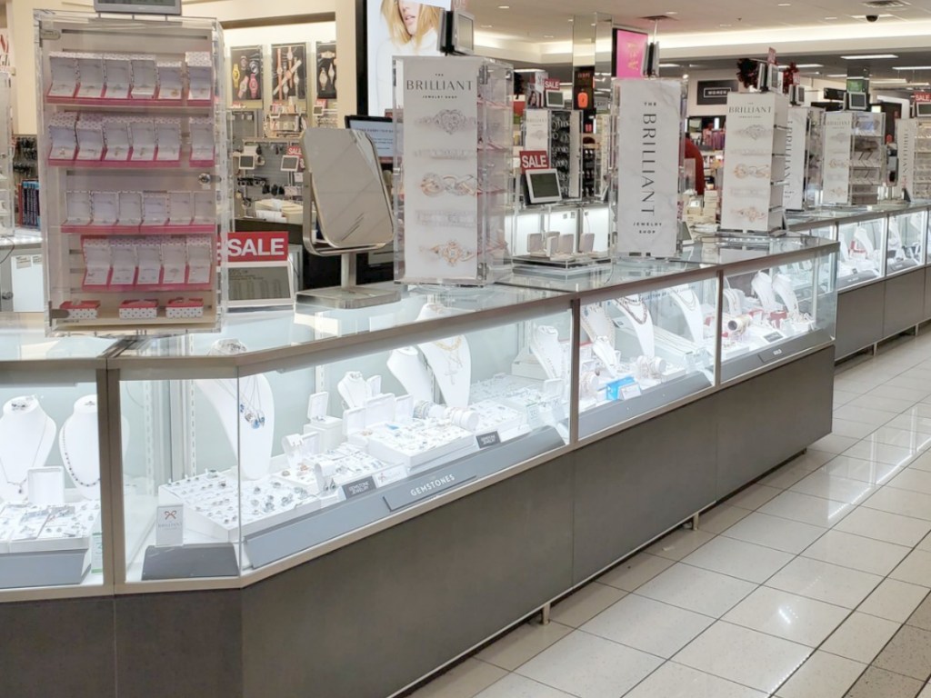 In-store display case of diamond jewelry