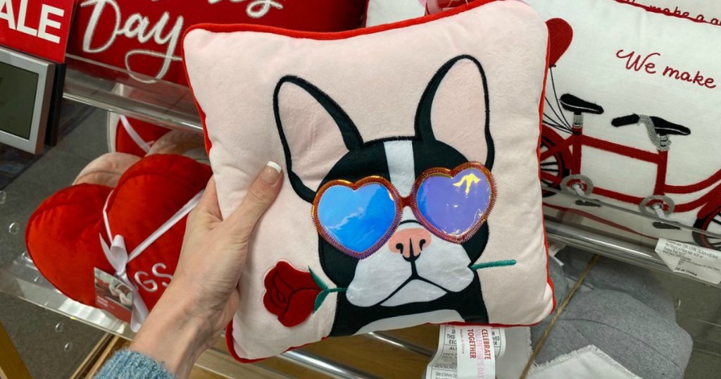 lady holding a Valentine's day pillow at Kohl's
