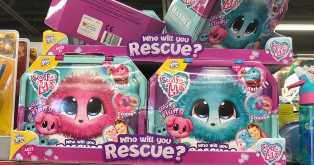 Pink and blue Little Live Scruff-a-Luvs Plush Mystery Rescue Pet in box at store