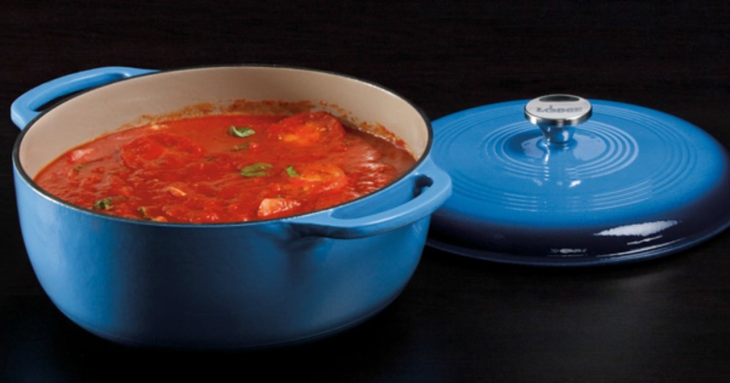 Lodge Cast Iron dutch oven with soup in it