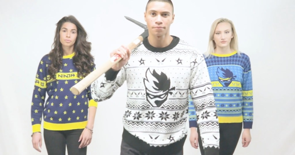 two women and man wearing Ninja Fortnite Christmas Sweaters