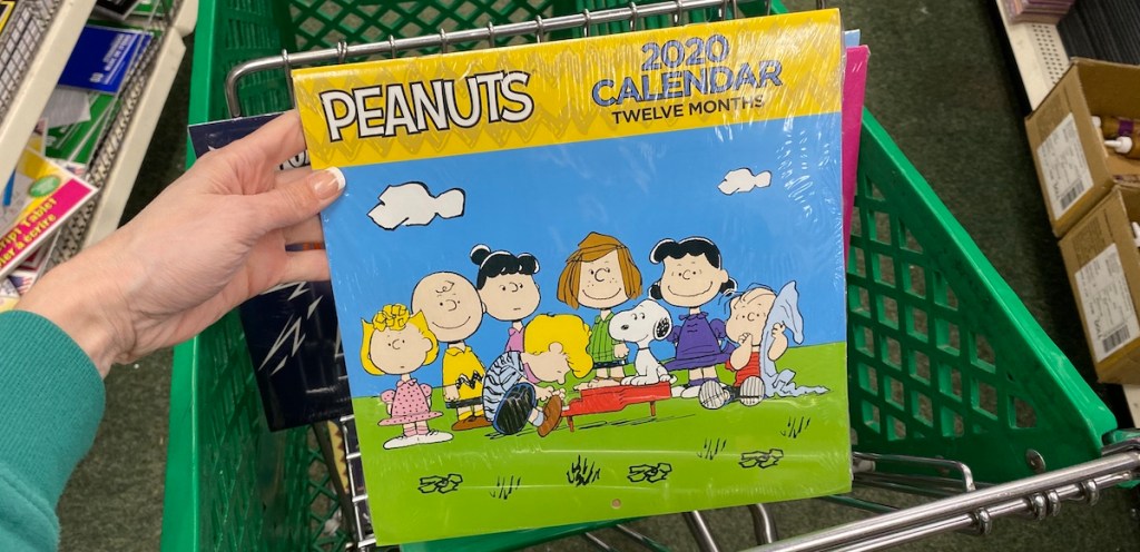 hand holding a Peanuts Calendar in a cart
