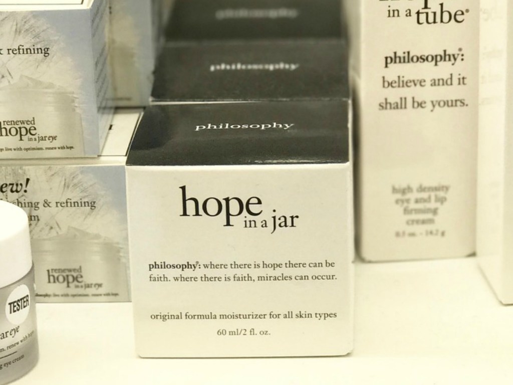 Philosophy brand beauty products on store shelf