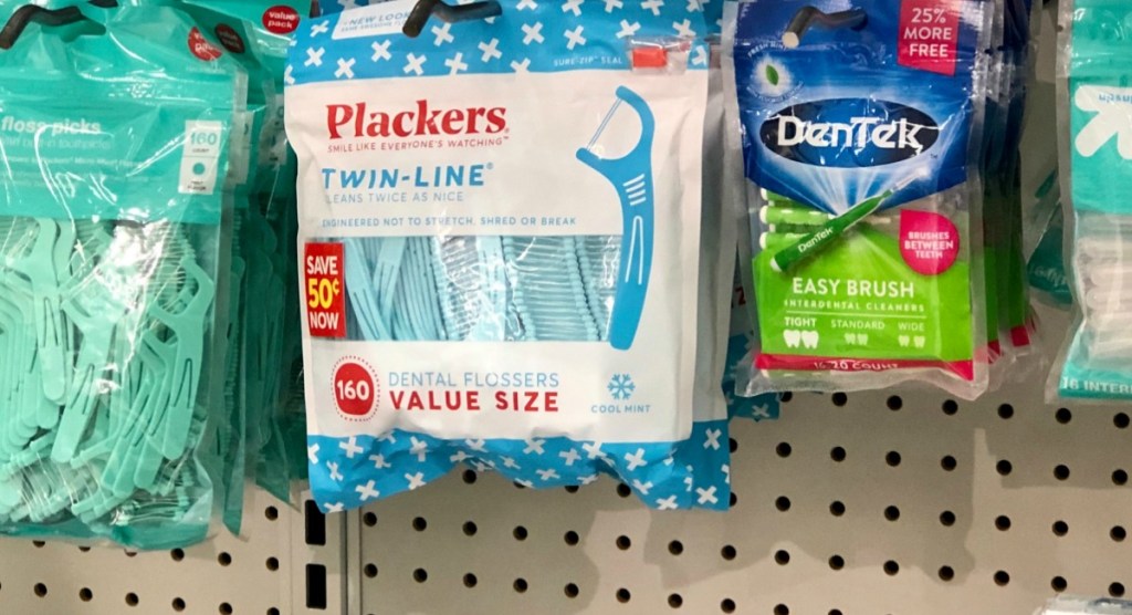 Plackers brand dental flossers in value pack on display in-store