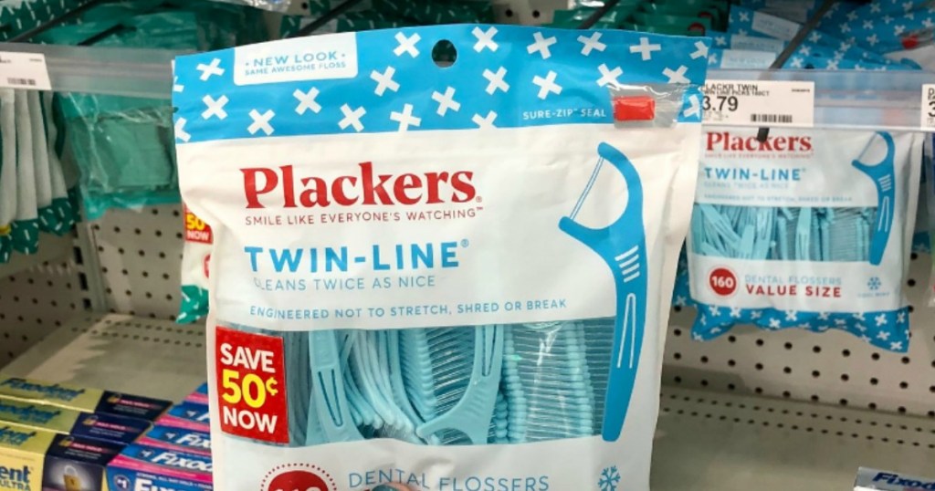 Plackers Twin Line Flossers in value pack in-store near display