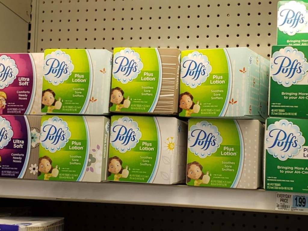 Puffs Tissues on store shelf
