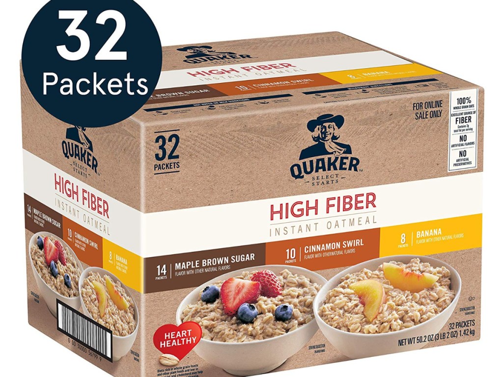 Quaker Instant Oatmeal High Fiber 32Count Variety Pack 11.89 Shipped on Amazon (Just 37¢ Per