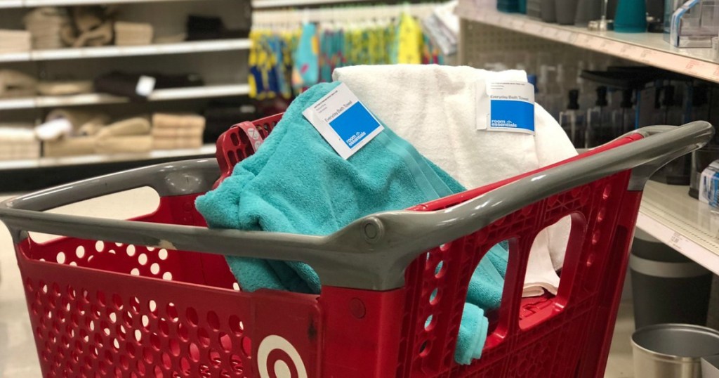 Room Essentials bath towels in a Target cart