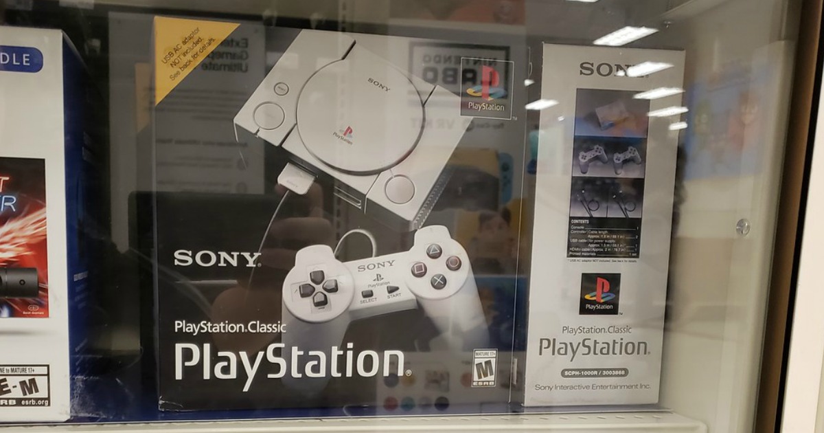 Sony PlayStation Classic box behind a case