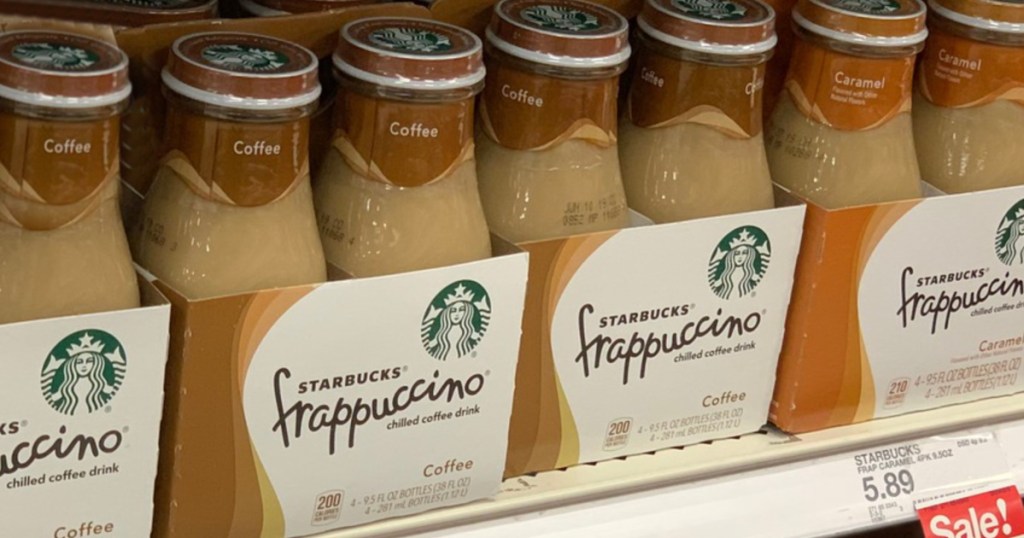 cases of Starbucks Frappuccino bottles on store shelf
