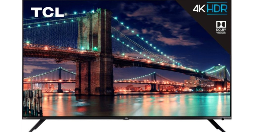 front view of large tv showing a bridge over water