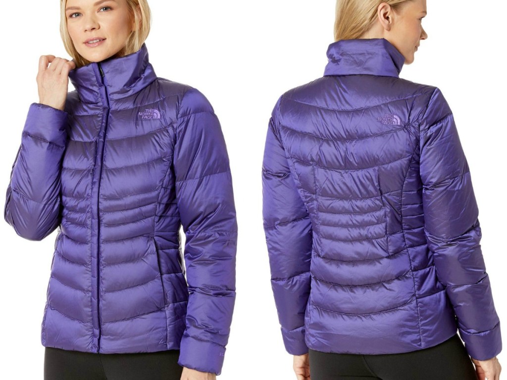 Woman wearing a purple jacket - front and back view
