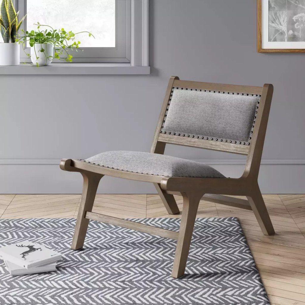 Threshold Farnham Wood Frame Accent Chair Tan in room with grey and white rug