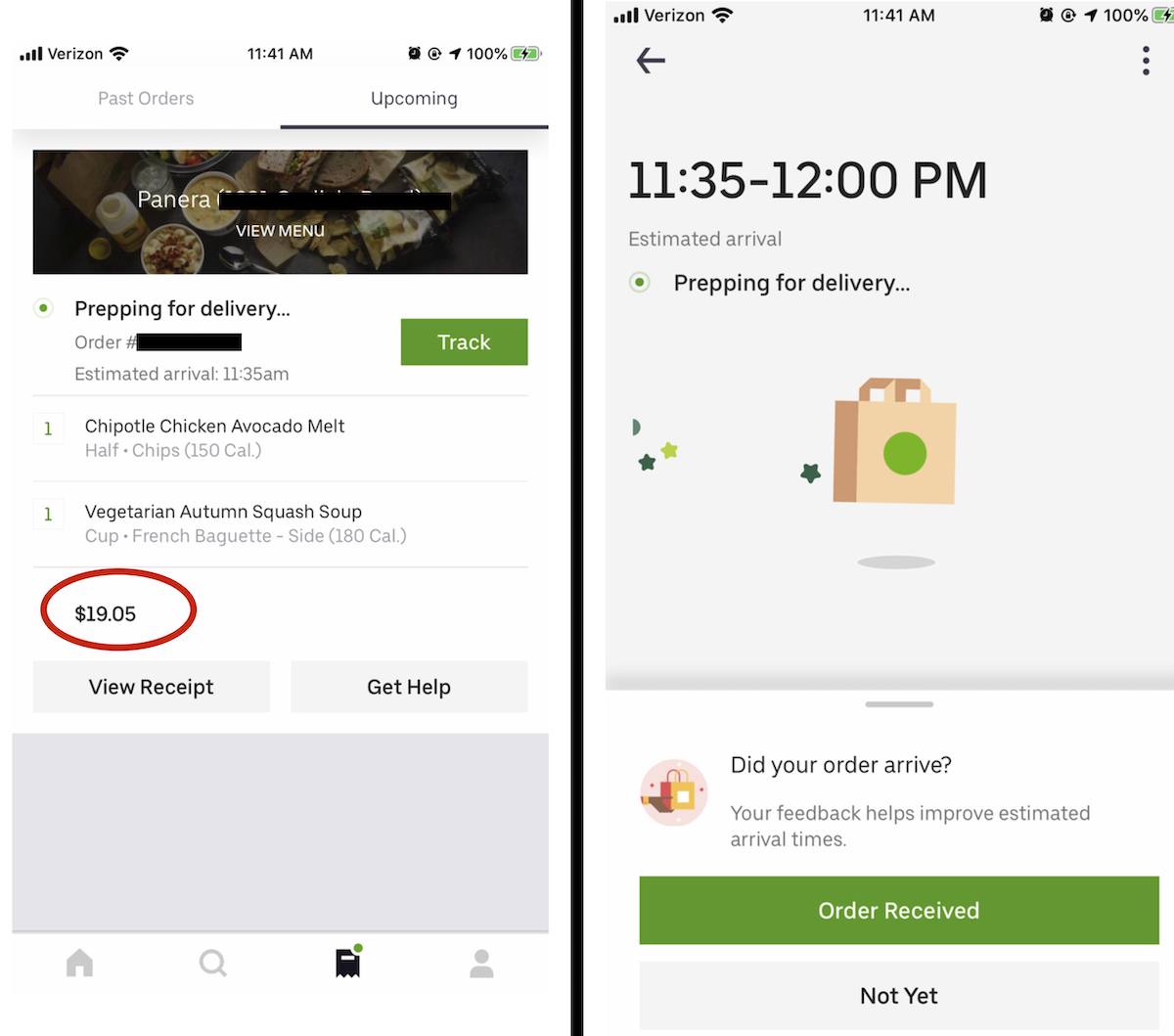 screenshots of uber eats app with panera order on screen