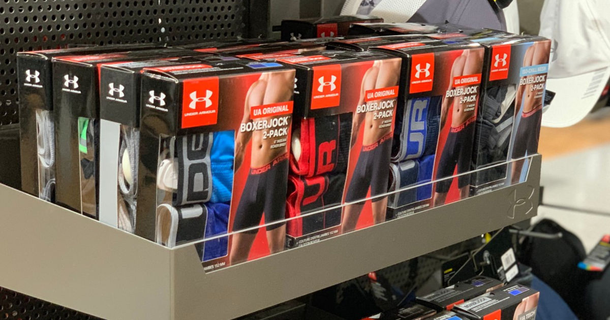 boxes of Under Armour Boxer Jock on shelf in store