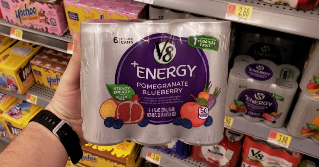6-Pack of V8+ Energy drinks in package in hand in-store