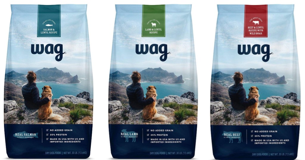 three bags of Wag Dog Food