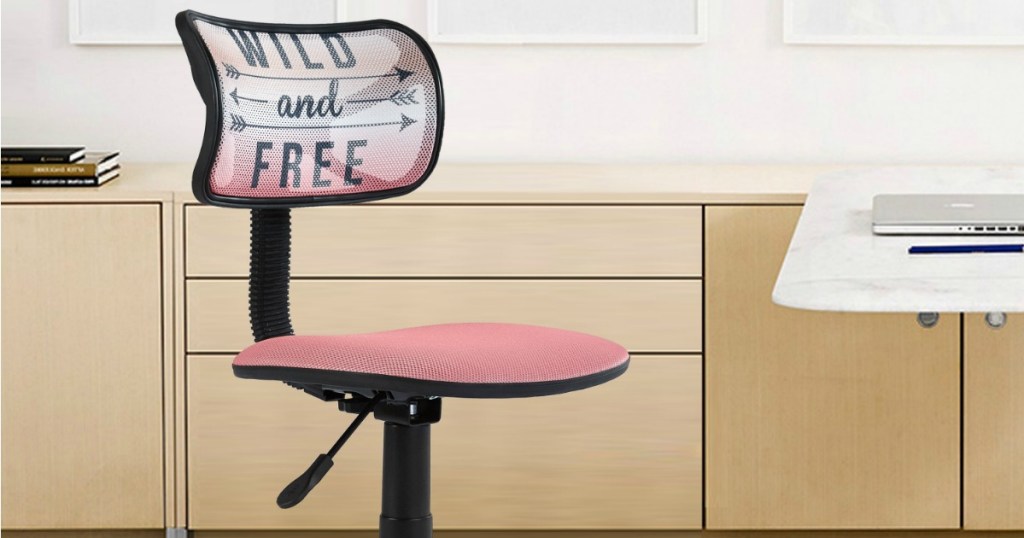 Walmart Desk Chair in pink at desk in office area