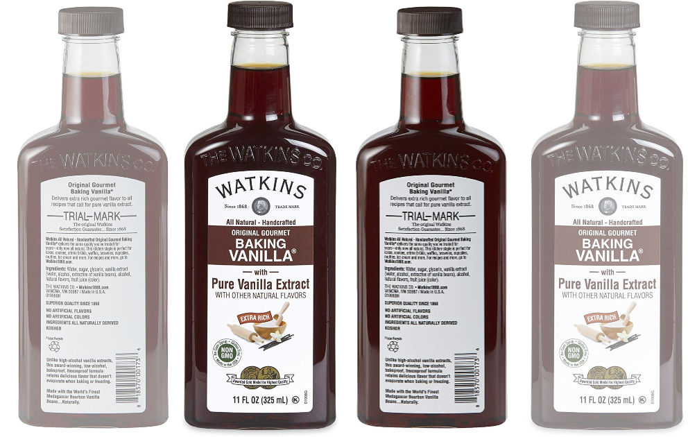 front and back bottle of Watkins All Natural Original Gourmet Baking Vanilla, with Pure Vanilla Extract,