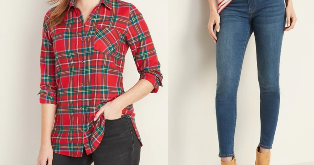 woman wearing flannel shirt and woman wearing jeans