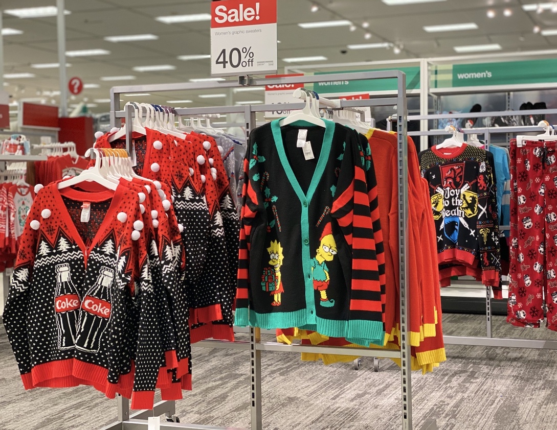 Women's Ugly Christmas Sweaters on display at Target
