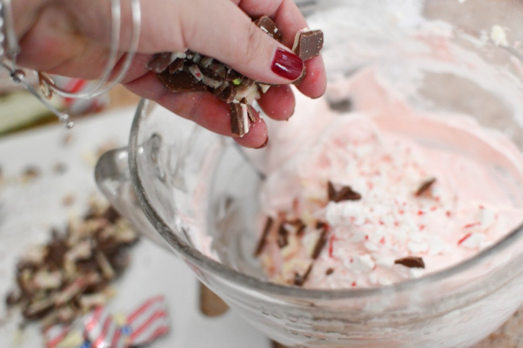 adding chocolate peppermint squares in mix