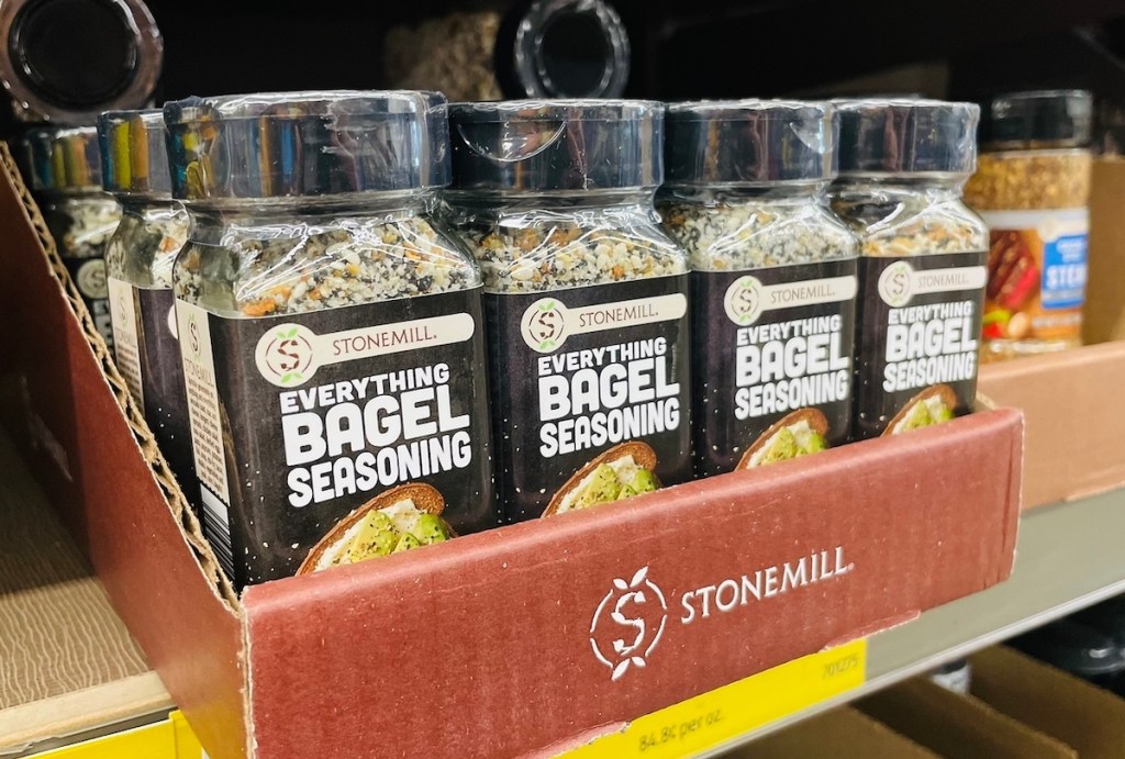 box of stonemill everything bagel seasoning on store shelf