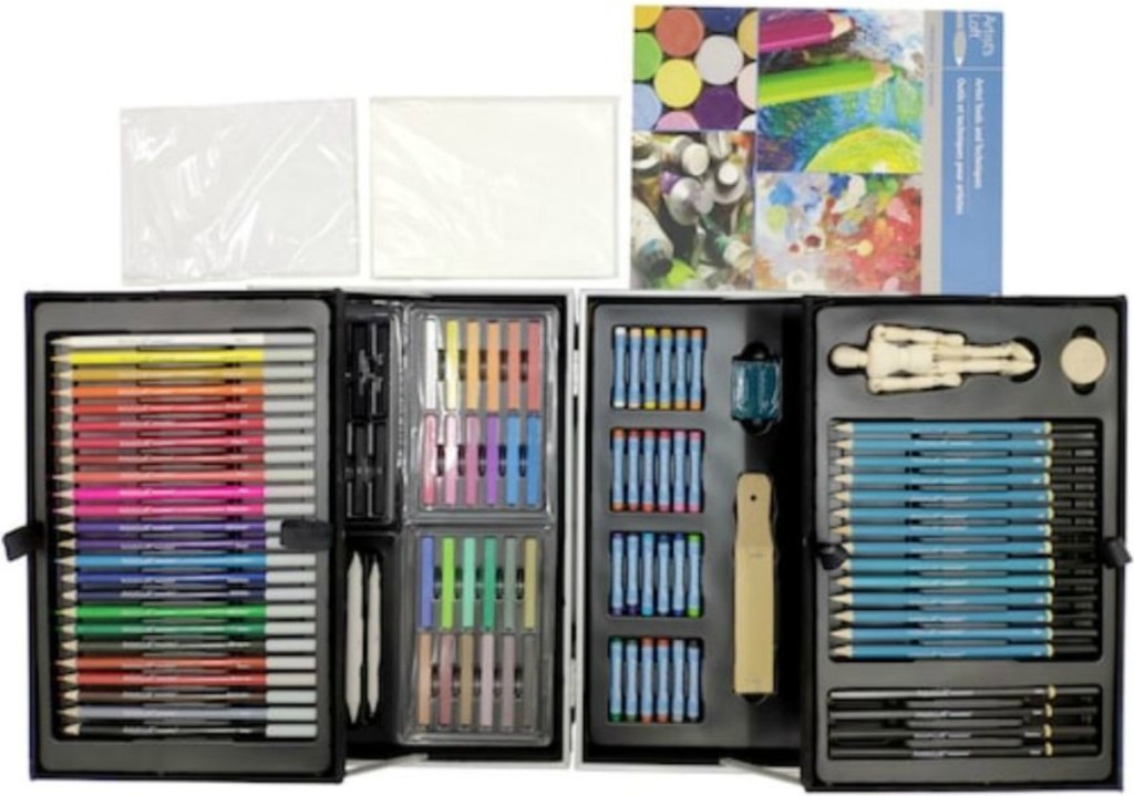 large set of pencils and drawing supplies in case