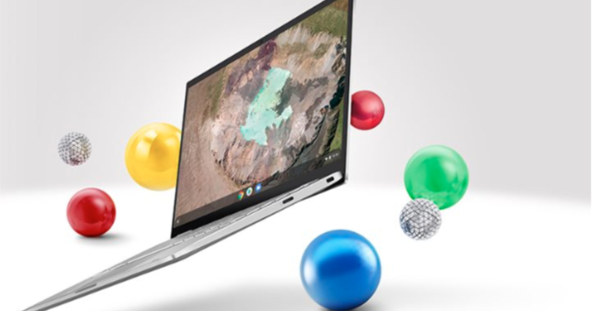 asus chromebook with colorful balls floating around it