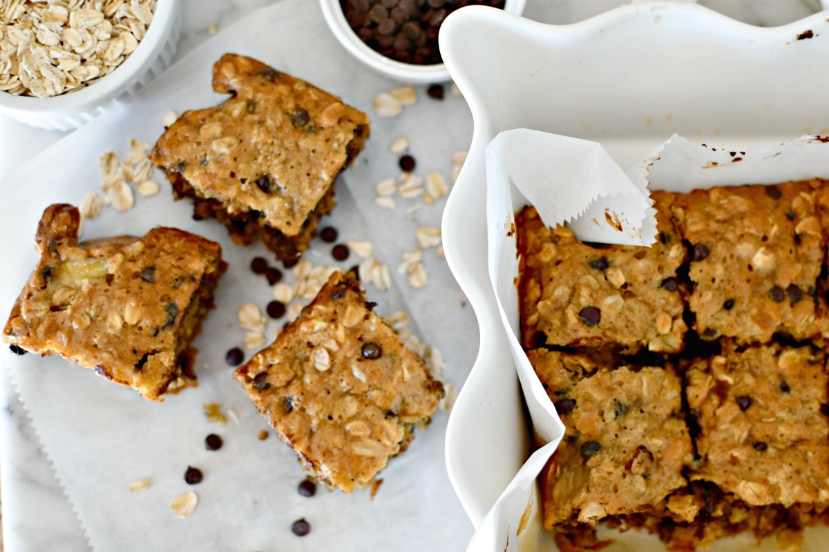 A plate of our oatmeal breakfast bars recipe made with peanut butter, chocolate chips, and banana