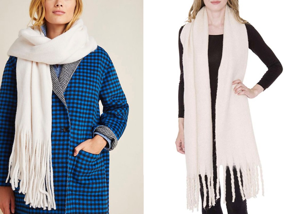 two stock photos of women wearing white blanket scarves