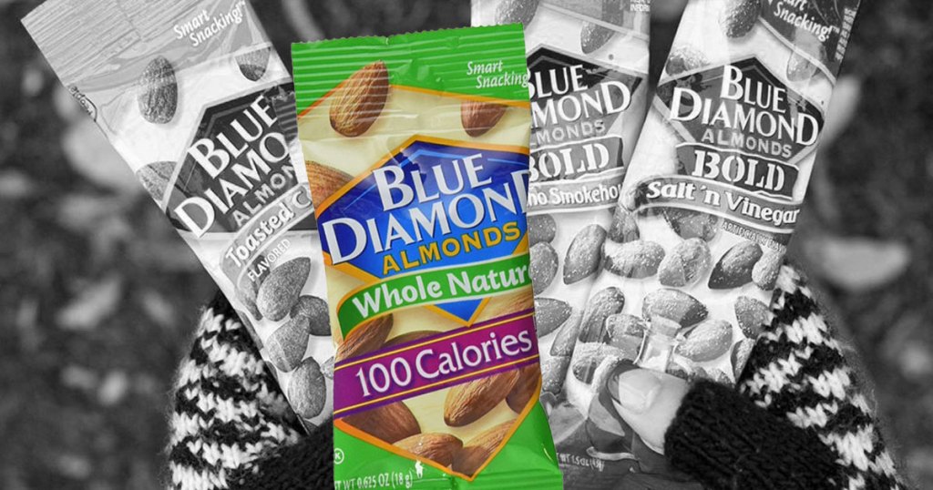 woman holding bunch of blue diamond almonds in single bags