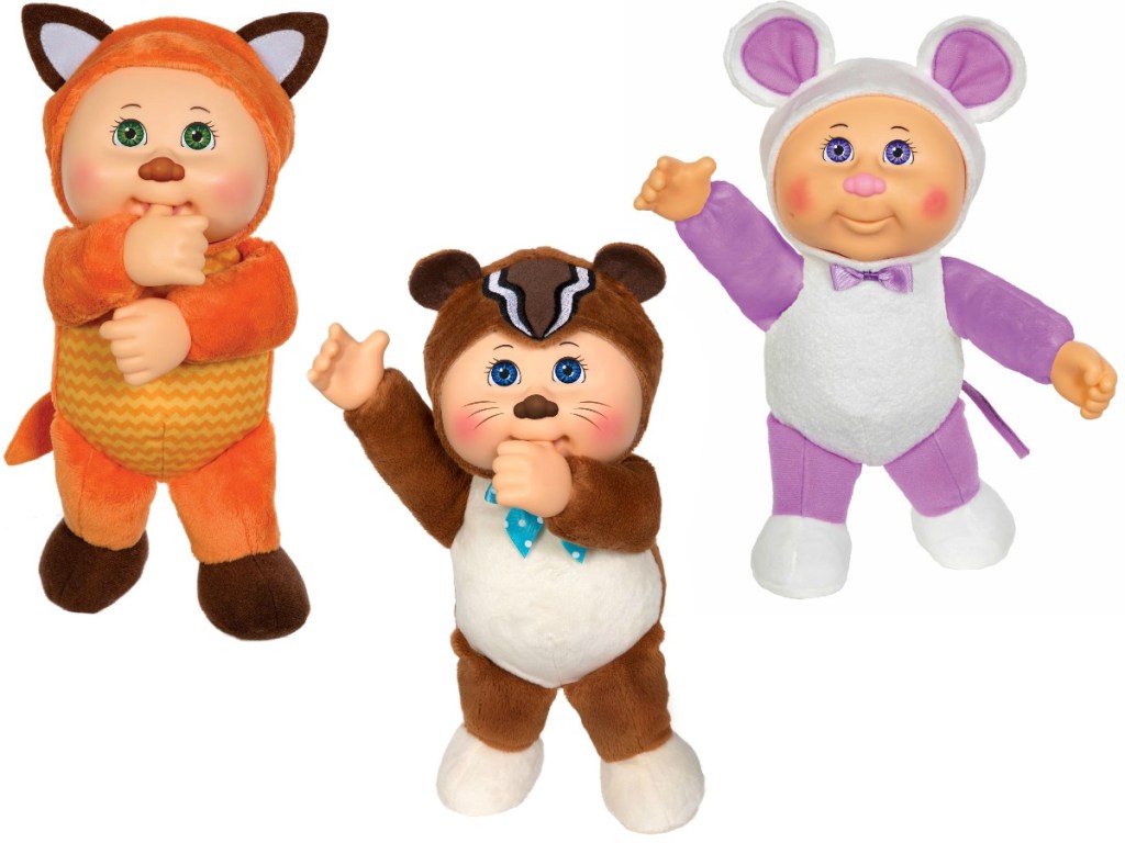 three dolls dressed up like animals