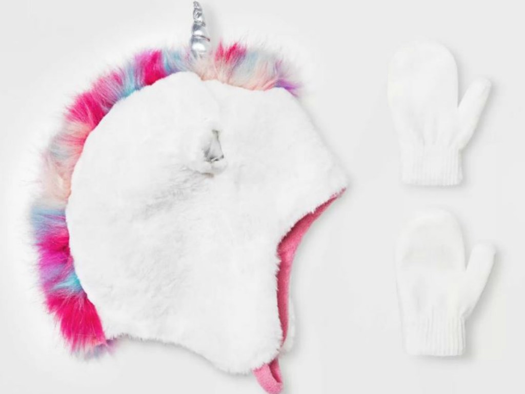 white hat and mittens with pink feathers