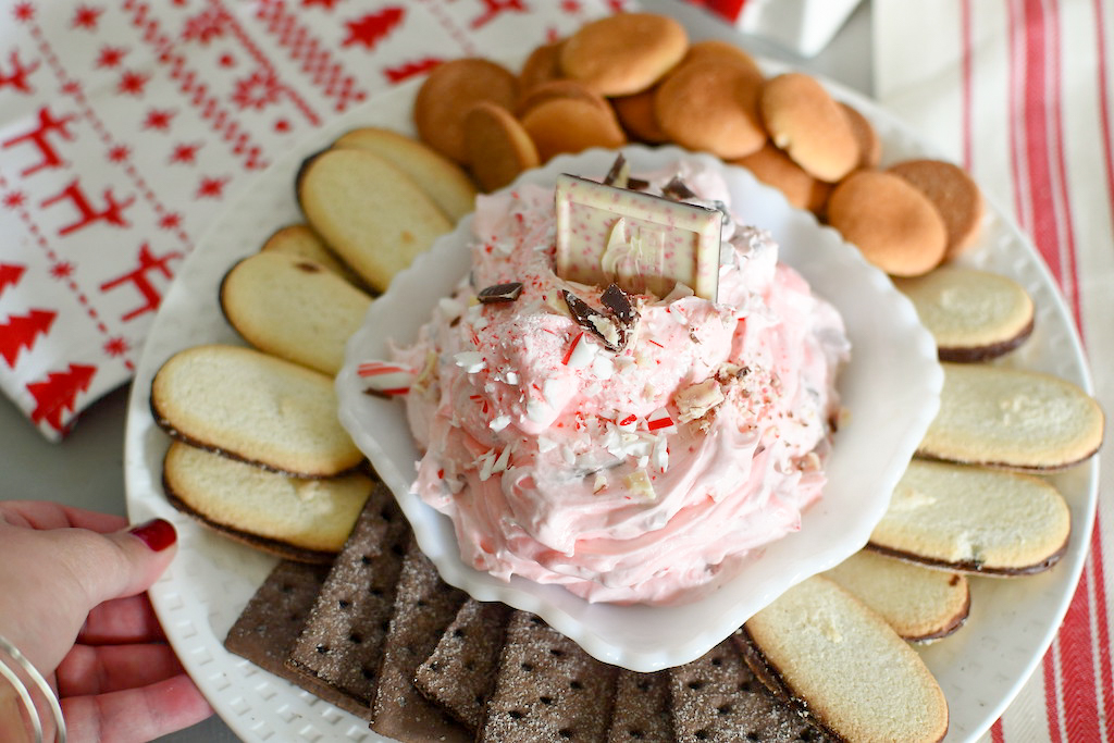 peppermint cheesecake dip on platter with cookies 