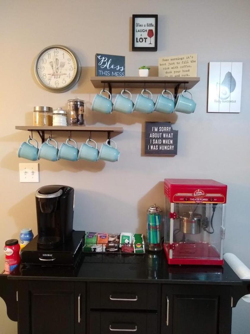 coffee station with coffee mugs, Keurig and popcorn maker