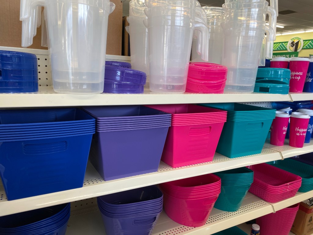 Colorful storage containers at Dollar Tree