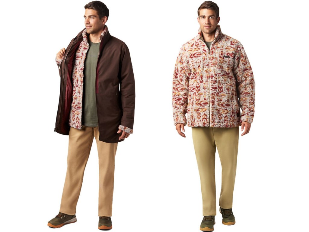 man modelling brown jacket and inside fleece