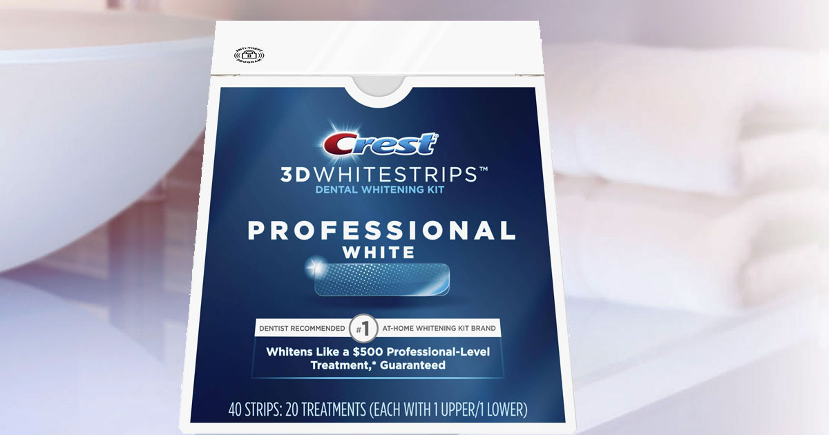 Crest 3D Whitestrips Professional White Teeth Whitening Kit 20-ct on a bathroom sink